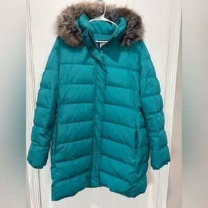 Lands’End Teal Puffer Full Length Jacket with Faux Fur Hood - Woman’s XL 18